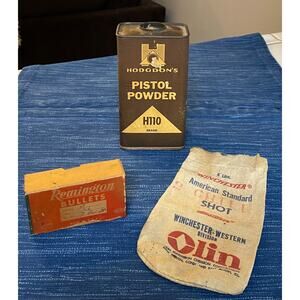 EMPTY Vtg Winchester Shot Bag Hodgdon's Pistol Powder Tin Remington Bullets Box